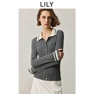 LILY2025秋新款綿羊毛混紡撞色修身顯瘦休閑通勤針織開衫短外套女 503灰白 M