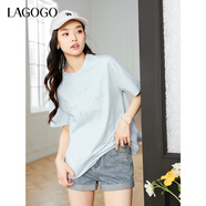 LAGOGO重工釘珠圓領(lǐng)T恤女拉谷谷2025年春夏新款時(shí)尚通勤短袖上衣 藍色 L