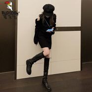 啄木鳥打底毛衣秋冬修身顯瘦小個(gè)子長袖內(nèi)搭2025新款性感露肩包臀針織裙 修身高級(jí)感黑色修/身 M