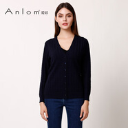 婭奴（A n l o m）Anlom/婭奴秋季新款開衫外套針織女上衣桑蠶絲V領(lǐng)時尚簡約小外套 藏蘭 110/XXXL 均碼