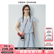 VEGA CHANG短袖連衣裙女2025新款夏蕾絲領拼接條紋刺繡小個子甜美仙女裙 藍色條紋(假兩件) L