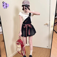 OTST美式復(fù)古甜辣風(fēng)黑色拼接牛仔背帶花苞裙女學(xué)生+百搭白T恤兩件套裝 【套裝】黑色背帶花苞裙+百搭白T S 80-90斤