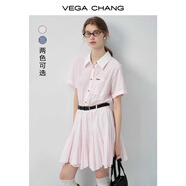 VEGA CHANG短袖連衣裙女2025新款夏學(xué)院風(fēng)翻領(lǐng)條紋高腰顯瘦小個(gè)子襯衫裙 櫻花粉 L