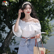 啄木鳥(niǎo)法式一字肩上衣女荷葉邊2025夏季新款設(shè)計(jì)感小眾白色短袖襯衫 修身白色修/身 S