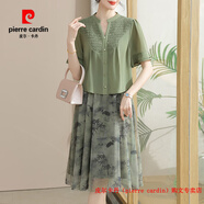 皮爾卡丹（pierre cardin）媽媽夏裝連衣裙洋氣短袖國風(fēng)裙子中老年女士闊太太長裙子2025新款 綠色 XL