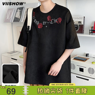 viishow夏季潮流美式男士復(fù)古刺繡重磅麂皮絨男裝圓領(lǐng)短袖大碼體恤   黑色 2XL