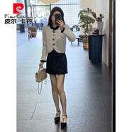 皮爾卡丹淑女氣質(zhì)穿搭套裝秋季新名媛氣質(zhì)小香風(fēng)毛衣外套亮片半身裙兩件套 白色上衣+黑色亮片短裙 S