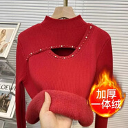 歌萊兔加厚毛衣女冬季一體絨女加絨新款鏤空設(shè)計(jì)感小眾半高領(lǐng)打底女 釘珠紅 色 +【加絨 】 加厚 S 95斤以下