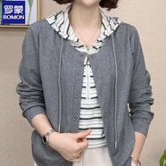 羅蒙時(shí)尚媽媽裝假兩件連帽條紋衛衣女士2025春秋新款休閑純色開(kāi)衫上衣 灰色 L 建議90-110斤