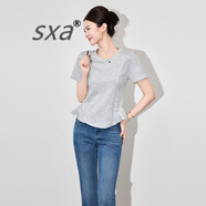 SXA香港潮牌2025夏季新款短袖棉正肩T恤女顯瘦圓領(lǐng)下擺荷葉邊T恤 灰色 S