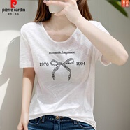 皮爾卡丹（pierre cardin）白色亞麻短袖t恤女士2025夏季新款大圓領(lǐng)寬松小個子竹節(jié)棉麻體恤 白色1976蝴蝶結(jié)-黑 S 80-100斤