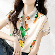 花花公子（PLAYBOY）真絲襯衫女顯瘦2025夏新款印花短袖上衣桑蠶絲寬松設計感洋氣襯衣 米白色 S 80斤-95斤