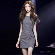 拉夏貝爾（La Chapelle）拉夏貝爾時尚連衣裙女2025夏季新款爆款氣質(zhì)收腰顯瘦減齡法式短裙 灰色 M 101-110斤