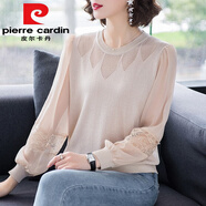 皮爾卡丹（pierre cardin）蕾絲針織衫女2025春夏薄款毛衣洋氣減齡外穿寬松遮肚網(wǎng)紗長袖打底 杏色今年流行的輕奢品牌 M 【85-95斤】