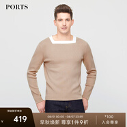 PORTS寶姿毛衣男春款男裝衣服長袖圓領(lǐng)套頭休閑針織衫男 015-CAMEL/WHITE  L