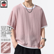 AEMAPE蘋果假兩件短袖男款2025夏季薄款亞麻透氣肌理褶皺感寬松撞色T恤 8598#粉色 M （建議100-120斤）