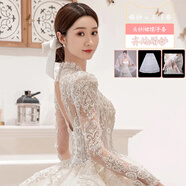 鉑朗尼奧婚紗新娘主紗2025高級感齊地重工新款質(zhì)V領(lǐng)小個子法式孕婦長袖大 白色齊地款婚紗+三件套 S 均碼