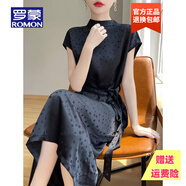 羅蒙品牌緞面感真絲連衣裙女2025波點半高領(lǐng)醋酸短袖連衣裙女 黑色 L 105-120斤