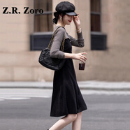 Z.R.Zoro輕奢品牌連衣裙女2025秋季新款法式撞色荷葉邊假兩件針織連衣裙女 黑色 S