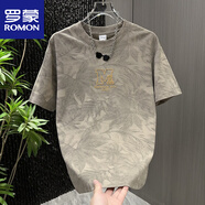 羅蒙（ROMON）歐洲站男士夏季短袖重磅T恤衫寬松扎染刺繡潮牌t恤男半袖oversize 咖色 XL 建議140-155斤