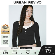UR2025秋季新款女裝撞色假兩件掛脖系帶長(zhǎng)袖T恤UYY450020 黑色 M