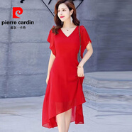 皮爾卡丹（pierre cardin）女神范前短后長雪紡連衣裙2025新款夏裝收腰顯瘦修身超仙氣質(zhì)裙子 紅色 3XL (建議136-150斤)