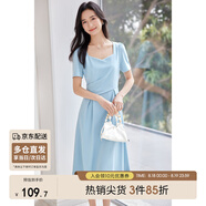 尚都比拉輕職場(chǎng)連衣裙女夏季收腰中長(cháng)裙泡泡袖裙子 淺藍色152L80063  L
