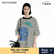 IIIVIVINIKO【楊紫同款 主題刺繡圖案】2024秋新款印花短袖T恤女 黑加白 M