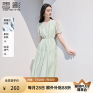 香影綠色連衣裙女2025夏裝新款泡泡袖正肩裙子收腰淑女氣質(zhì)印花裙 果綠 S 155/80A/85-95斤