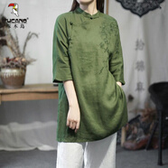 啄木鳥(niǎo)夏裝中長(cháng)款棉麻襯衫上衣刺繡女裝苧麻茶服中式盤(pán)扣改良漢服禪修服 綠色 2XL