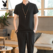 花花公子（PLAYBOY）夏季新款棉麻男套裝亞麻短袖t恤休閑半袖唐裝漢服體恤中國風(fēng)服飾V 黑色【短袖+長褲】 M (90~105斤)