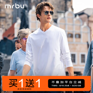 Mr.Bu布先生明星同款男士長袖T恤春秋季小白T情侶內(nèi)搭打底衫純色衣服 V領-皓月白 S (165)