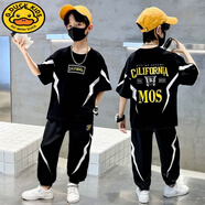 G.DUCKKIDS男童夏裝套裝2024新款中大童寬松薄款夏季男孩運動短袖套裝兒童潮 黑金色 閃電套裝 150 cm