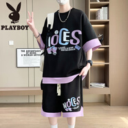 花花公子（PLAYBOY）青少年2025新款夏季寬松男生短袖T恤初高中學(xué)生潮流休閑運動套裝 XJS-TZ506黑色(上衣+短褲) 3XL 145至160斤
