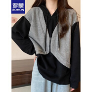 羅蒙（ROMON）假兩件寬松長(zhǎng)袖衛(wèi)衣女2025秋冬新款設(shè)計(jì)感顯瘦遮肚子上衣 灰色 2XL -150-190斤