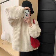 HUALIN FASHION2025秋冬季日系慵懶風純色粗線復古套頭毛衣女糖果色針織上衣 米白 均碼