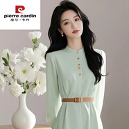 皮爾卡丹（pierre cardin）春夏季高端精致韓版女神范感法式風(fēng)情萬(wàn)種淺綠色長(cháng)款連衣裙子 淺綠色連衣裙 送腰帶 今年流行的 M 100斤內