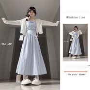 蕓蕁裙子女夏季2025新款法式溫柔淑女風(fēng)超仙藍色格紋吊帶連衣裙女白色 [套裝]藍色吊帶裙+白色披肩+圍巾 XL