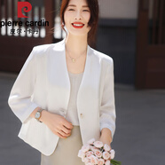 皮爾卡丹（pierre cardin）配旗袍裙子小西裝上衣外搭女短款春秋款時(shí)尚醋酸七分袖西服外套女 白色醋酸絲光緞面外套 M 90-110斤