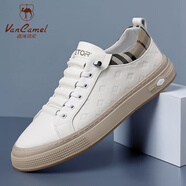 西域駱駝（VANCAMEL）男鞋2025春秋季新款真皮軟底防滑休閑板鞋男士百搭透氣運動小白鞋 G55-A-白色 38
