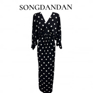 【DDS】秋款V領(lǐng)蝙蝠袖高腰七分袖連衣裙 黑色 2XL