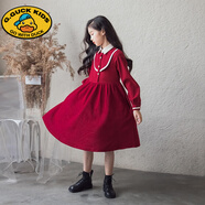 G.duck韓版中大童2025女孩學(xué)院風(fēng)長(cháng)袖裙秋冬季女童紅色襯衣領(lǐng)撞色連衣裙 酒紅色 130cm