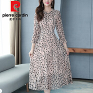 皮爾卡丹（pierre cardin）碎花九分袖雪紡連衣裙女秋季連身裙時(shí)尚氣質(zhì)收腰a字裙子顯瘦女裝 杏色 2XL 【建議130-145斤】