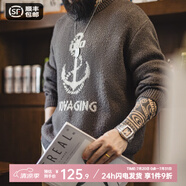 馬登工裝 美式復(fù)古針織船錨提花毛衣vintage套頭圓領(lǐng)打底衫男春季 灰咖色 XL