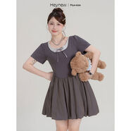 HEYNEW微胖大尺碼女裝撞色短袖花苞洋裝女夏季收腰顯瘦長(cháng)短款裙子 短款深灰 L