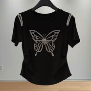 珞妮短袖t恤女夏季2025新款露肩鑲鉆蝴蝶捏褶設計感寬松顯瘦大碼上衣 黑色【燙鉆蝴蝶】 L 建議100-115斤