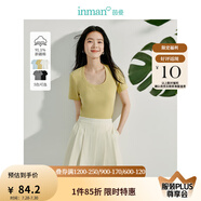 茵曼（INMAN）撞色羅紋棉女裝U領(lǐng)短袖T恤修身氣質(zhì)休閑通勤2025夏季新款短款上衣 琉璃黃 -18518134 M