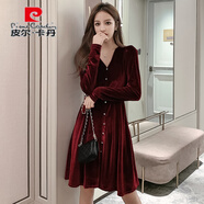 皮爾卡丹（pierre cardin）法式復(fù)古紅色V領(lǐng)收腰修身顯瘦金絲絨長袖打底連衣裙2025春秋新款 P6003款金絲絨V領(lǐng)連衣裙一酒紅 S