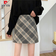 皮爾卡丹（pierre cardin）胖MM毛呢包臀裙秋冬女百搭顯瘦甜美鹽系格子A字短裙高腰半身裙子 灰色 自帶安全褲 M