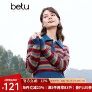 百圖betu女裝春季新款復古撞色翻領(lǐng)長袖條紋針織衫女2401T07 紅色 M